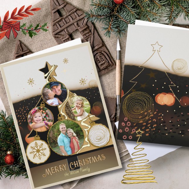 Cartes Pour Fêtes Annuelles Warm Bokeh Black & Gold 4-Photo Christmas Tree  (Warm Bokeh Black & Gold 4-Photo Christmas Tree Holiday Card)