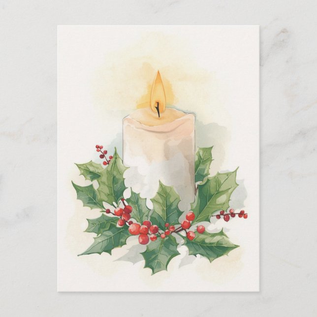 Cartes Pour Fêtes Annuelles Warm Watercolor Candle and Holly (Devant)