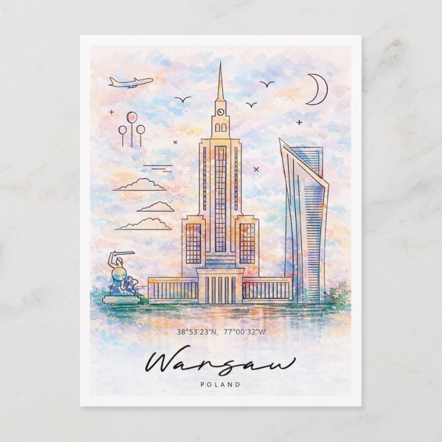 Cartes Pour Fêtes Annuelles Warsaw Skyline Watercolor | Poland Cityscape (Devant)