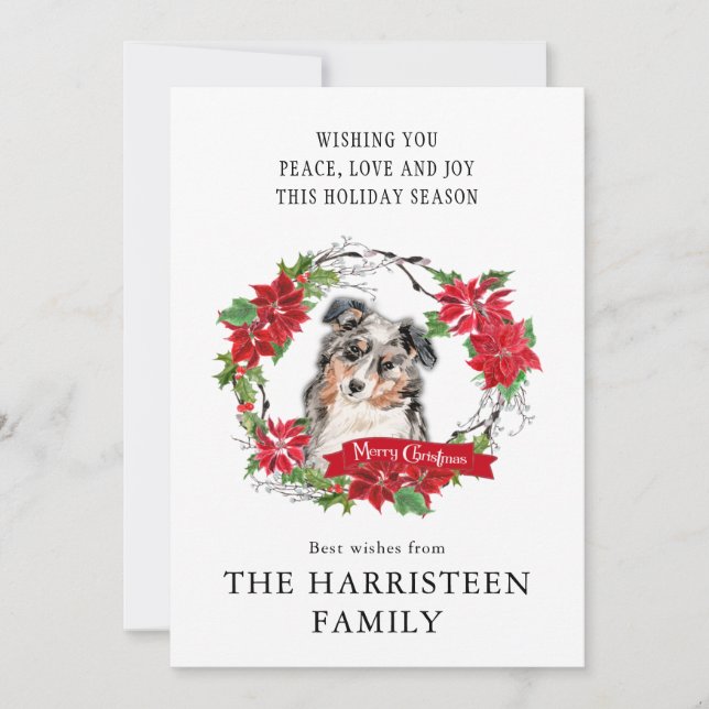 Cartes Pour Fêtes Annuelles Watercolor Australian Shepherd Poinsettia Wreath (Devant)