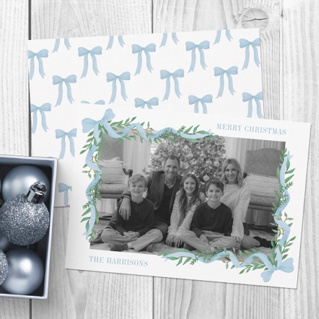 Cartes Pour Fêtes Annuelles Watercolor Blue Bow Garland Photo (Créateur téléchargé)