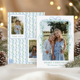 Cartes Pour Fêtes Annuelles Watercolor Blue Bow Garland Photo de Noël