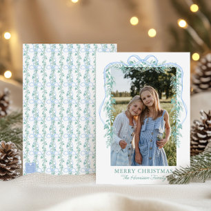 Cartes Pour Fêtes Annuelles Watercolor Blue Bow Garland Photo de Noël