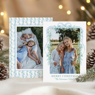 Cartes Pour Fêtes Annuelles Watercolor Blue Bow Garland Photo de Noël