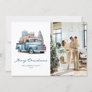 Cartes Pour Fêtes Annuelles Watercolor Blue Truck Photo Joyeux Noël Card