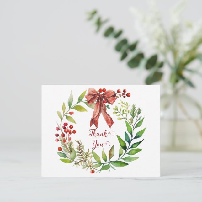 Cartes Pour Fêtes Annuelles Watercolor Christmas Wreath Thank You (Debout devant)