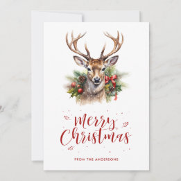Cartes Pour Fêtes Annuelles Watercolor Deer Stag Holly Snow Joyeux Noël
