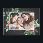 Cartes Pour Fêtes Annuelles Watercolor Hollies Faux Chalkboard Photo botanique<br><div class="desc">Envoyez vos voeux de vacances à vos proches cette saison avec cette carte postale de vacances horizontale rustique. Il présente des creux d'aquarelle, des accents faux feuille d'or, assortis motif de fête, arrière - plan faux tableau et typographie moderne. Les textes sont entièrement modifiables. Personnalisez ce carte photo de vacances...</div>