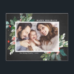 Cartes Pour Fêtes Annuelles Watercolor Hollies Faux Chalkboard Photo botanique<br><div class="desc">Envoyez vos voeux de vacances à vos proches cette saison avec cette carte postale de vacances horizontale rustique. Il présente des creux d'aquarelle, des accents faux feuille d'or, assortis motif de fête, arrière - plan faux tableau et typographie moderne. Les textes sont entièrement modifiables. Personnalisez ce carte photo de vacances...</div>