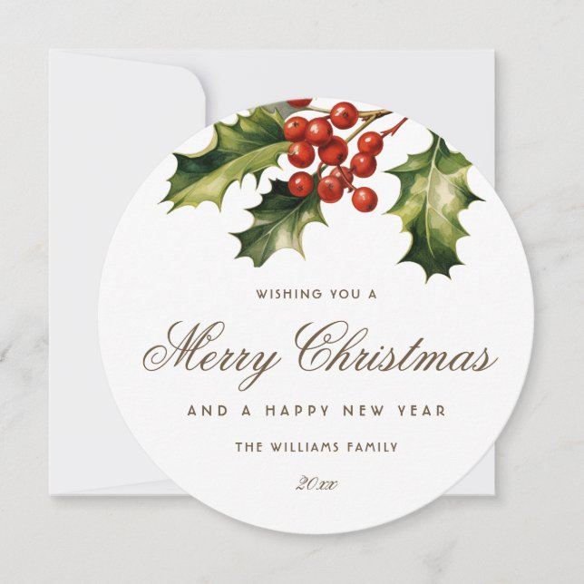 Cartes Pour Fêtes Annuelles Watercolor Holly Red Berries Elegant (Devant)