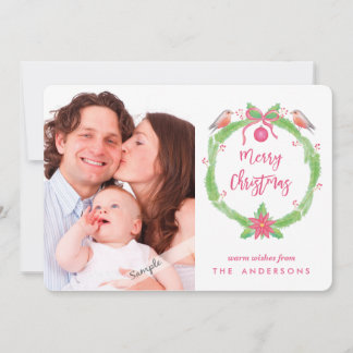 Cartes Pour Fêtes Annuelles Watercolor Holly Wreath "Merry Christmas + Phot
