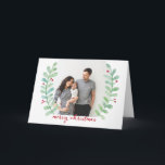 Cartes Pour Fêtes Annuelles Watercolor Laurel Wreath Joyeux Noël Photo<br><div class="desc">Célébrez et diffusez la joie de cette saison de vacances avec cette carte pliée de Noël élégante avec des lauriers aquarelles peints à la main. Customisez avec votre photo préférée sur le devant et le dos et votre propre sentiment personnalisé à l'intérieur.</div>