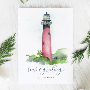 Cartes Pour Fêtes Annuelles Watercolor Lighthouse Beach Christmas Card