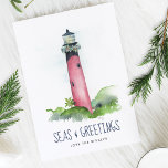Cartes Pour Fêtes Annuelles Watercolor Lighthouse Florida Beach Noël<br><div class="desc">Cette carte de Noël Coastal présente mon aquarelle peinte à la main d'origine Jupiter, phare de Floride dans les tons rouge sur un arrière - plan blanc immaculé. Les mots Seas et Greutages sont placés dans une typographie de script de brosse moderne en bleu marine. L'intérieur est habillé d'une couleur...</div>