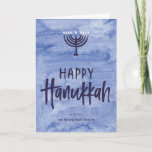 Cartes Pour Fêtes Annuelles Watercolor Menorah Folded<br><div class="desc">A wash of watery blue serves as a subtle backdrop for this textured menorah illustration and inky, hand-lettered Happy Hanukkah text. Don't forget to personalize the front with your name text Add a personal touch to the inside of this folded card with the "customize it" options and change everything from...</div>