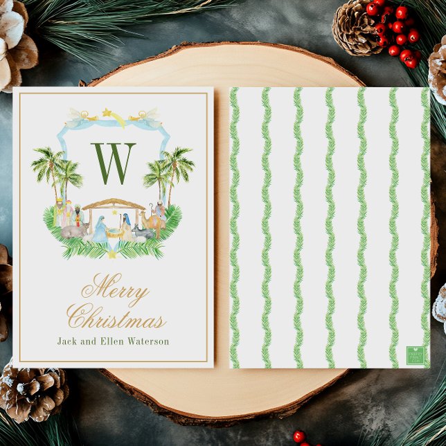 Cartes Pour Fêtes Annuelles Watercolor Monogram Initial Nativity Crest (Créateur téléchargé)