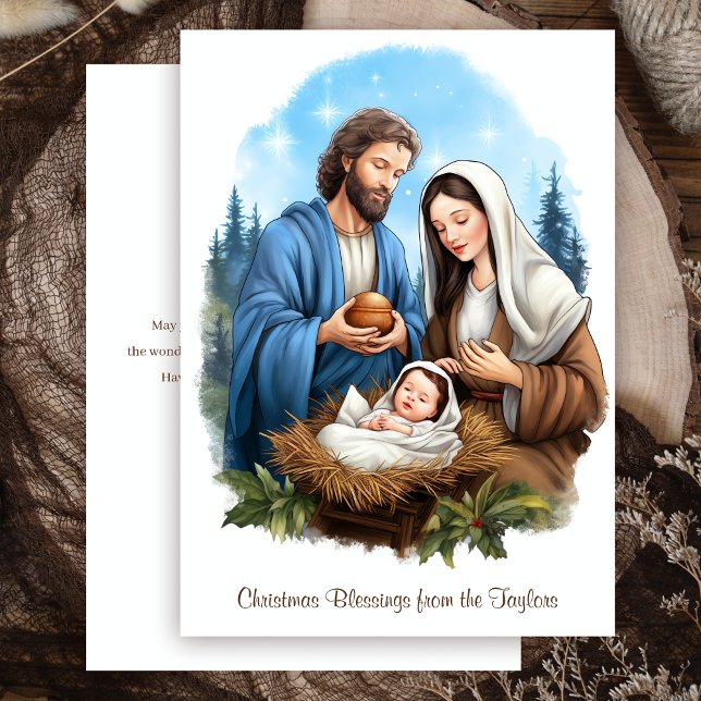 Cartes Pour Fêtes Annuelles Watercolor Nativité Scène Noël religieux (Créateur téléchargé)