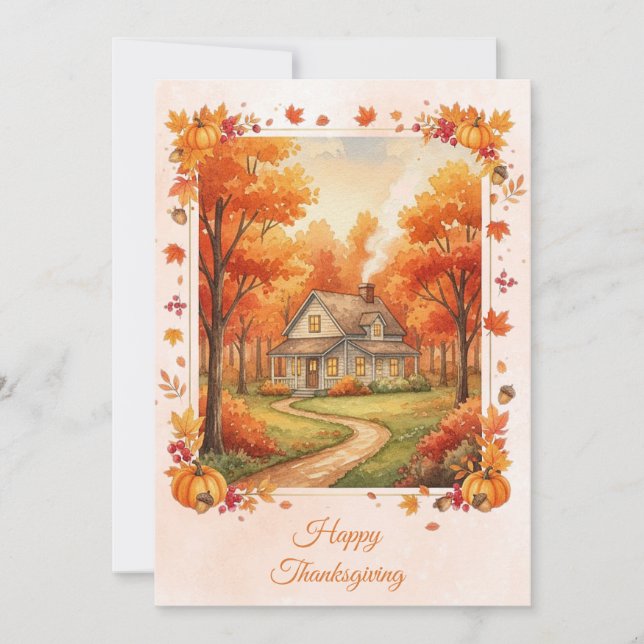 Cartes Pour Fêtes Annuelles Watercolor Pays Cabine Thanksgiving (Devant)