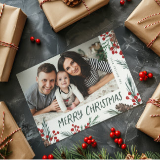 Cartes Pour Fêtes Annuelles Watercolor pine and Berry Botanical photo