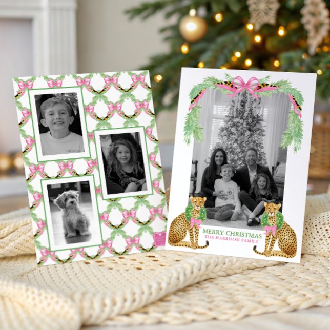 Cartes Pour Fêtes Annuelles Watercolor Preppy Leopard Garland Christmas (Créateur téléchargé)