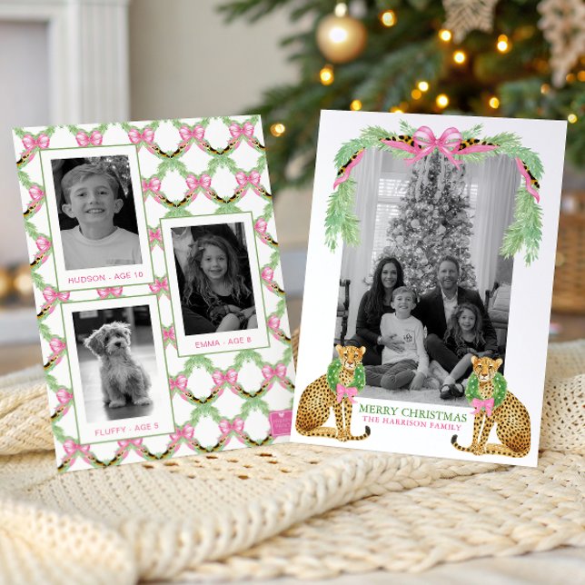 Cartes Pour Fêtes Annuelles Watercolor Preppy Leopard Garland Christmas (Créateur téléchargé)