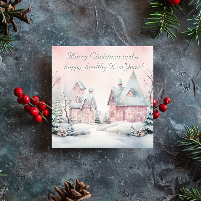 Cartes Pour Fêtes Annuelles Watercolor Shabby Pink SnowVillage (Watercolor Shabby Pink Snowy Village Holiday Card)