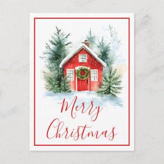Cartes Pour Fêtes Annuelles Watercolor Snowy Cottage Merry Christmas Card