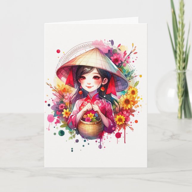 Cartes Pour Fêtes Annuelles Watercolor Tet Girl (Devant)