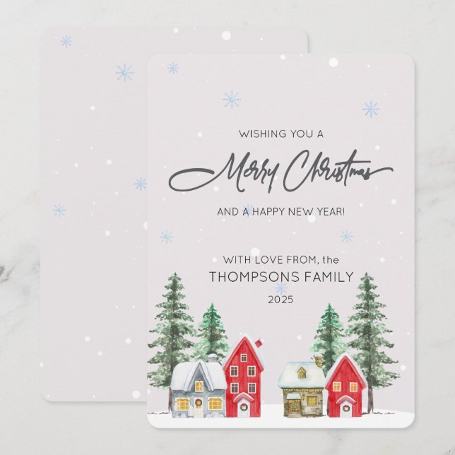Cartes Pour Fêtes Annuelles Watercolor Village Holiday Christmas Card (Devant / Derrière)