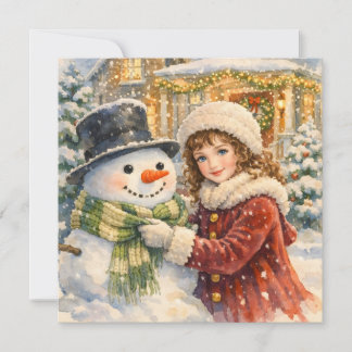 Cartes Pour Fêtes Annuelles Watercolor Vintage Girl with Christmas Snowman