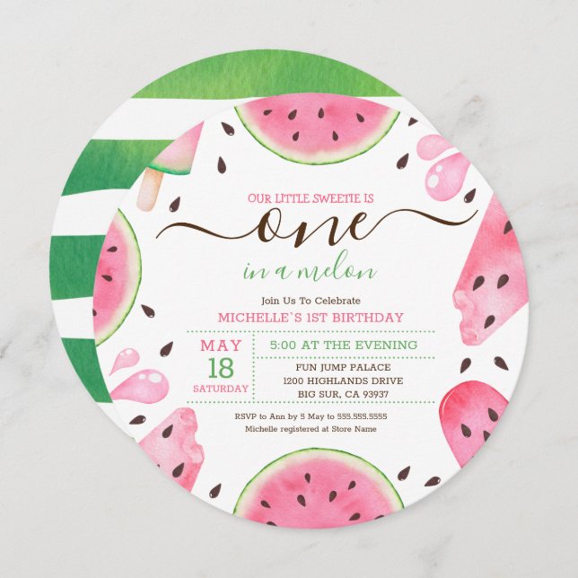 Cartes Pour Fêtes Annuelles Watermelon One In A Melon 1er Anniversaire Invitat (Devant / Derrière)
