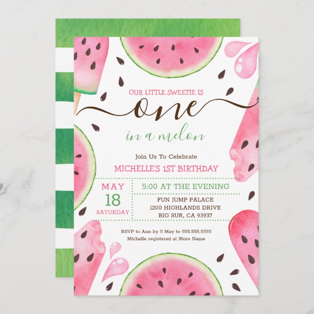 Cartes Pour Fêtes Annuelles Watermelon One In A Melon 1er Anniversaire Invitat (Devant / Derrière)