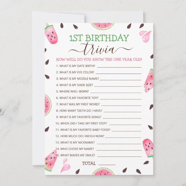Cartes Pour Fêtes Annuelles Watermelon One In A Melon 1er Anniversaire Trivia  (Devant)