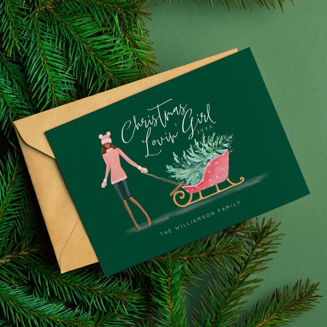 Cartes Pour Fêtes Annuelles Waterolor Christmas Lovin' Girl Pulling Sleigh (Waterolor Christmas Lovin' Girl Pulling Sleigh Holiday Card)