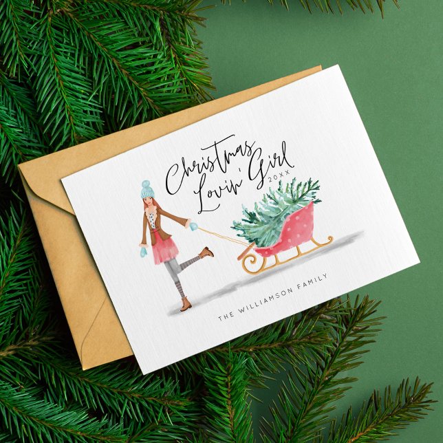 Cartes Pour Fêtes Annuelles Waterolor Christmas Lovin' Girl Pulling Sleigh (Waterolor Christmas Lovin' Girl Pulling Sleigh Holiday Card)