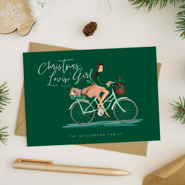 Cartes Pour Fêtes Annuelles Waterolor Christmas Lovin' Girl Riding Un Vélo (Waterolor Christmas Lovin' Girl Riding A Bicycle Holiday Card)