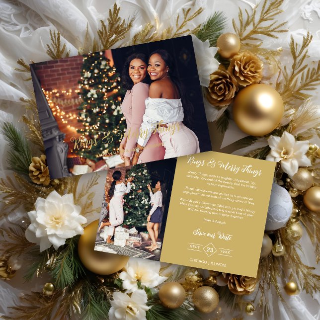 Cartes Pour Fêtes Annuelles Wedding Exclusive Whimsical Golden Script 2 Photos (Exclusive Whimsical Gold Typography Rings & Merry Things Quote Holidays as a Save the date Card.)
