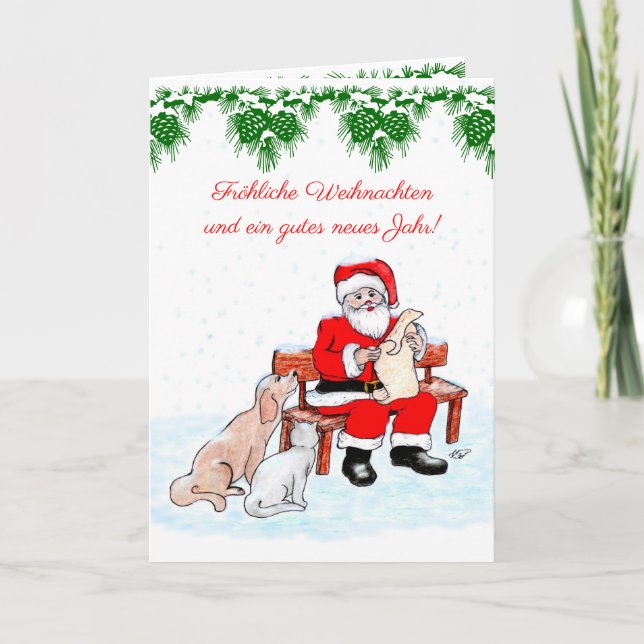 Cartes Pour Fêtes Annuelles Weihnachtsmann mit Hund und Katze auf Deutsch (Devant)