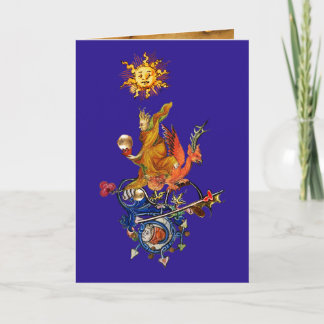 Cartes Pour Fêtes Annuelles WEIRD MEDIEVAL BESTIARY,ALCHEMIST,RED DRAGON,Blue