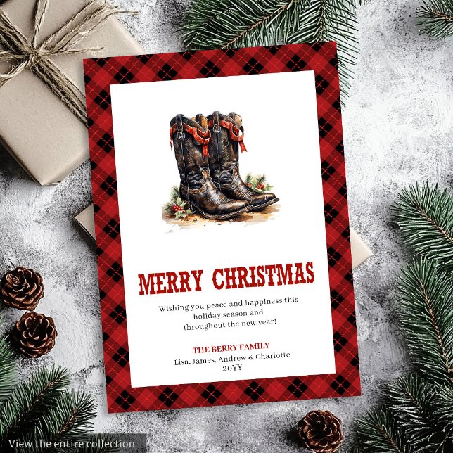 Cartes Pour Fêtes Annuelles Western Boots Buffalo Plaid Tartan Christmas Card (Western Boots Buffalo Plaid Tartan Christmas Card)