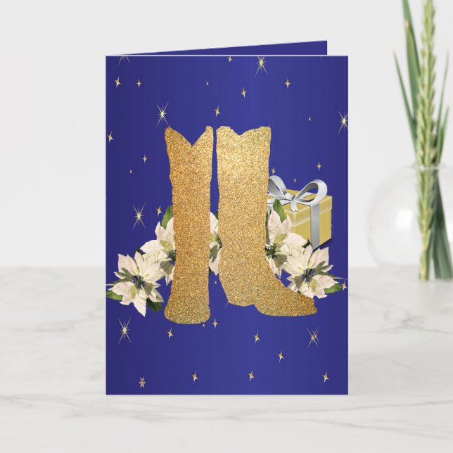 Cartes Pour Fêtes Annuelles Western Cowboy Boots Poinsettias Cadeaux Vacances (Devant)