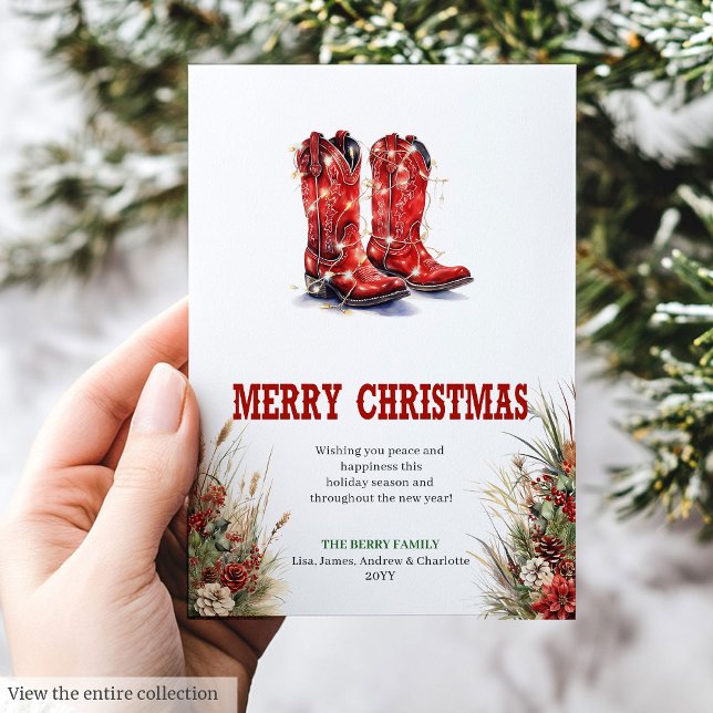 Cartes Pour Fêtes Annuelles Western red cowboy boots Christmas greeting (Western red cowboy boots Christmas greeting Holiday Card)