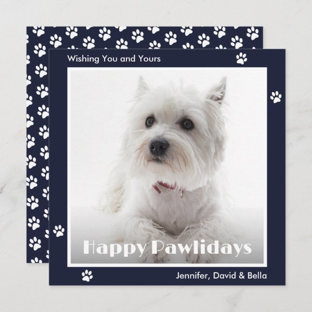 Cartes Pour Fêtes Annuelles Westie Dog Paw Prints Pet Photo Blue (Devant / Derrière)