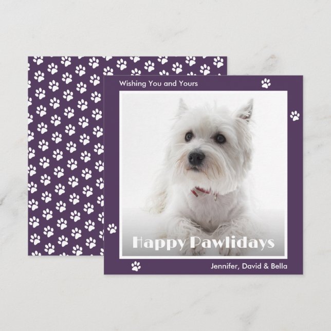 Cartes Pour Fêtes Annuelles Westie Dog Pet Photo Paw Prints Purple (Devant / Derrière)