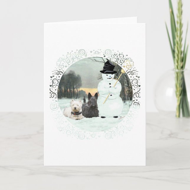 Cartes Pour Fêtes Annuelles Westie et Scottie construisent un bonhomme de neig (Devant)