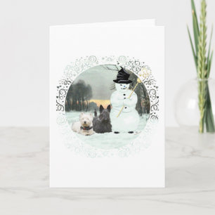 Cartes Pour Fêtes Annuelles Westie & Scottie construisent un bonhomme de neige