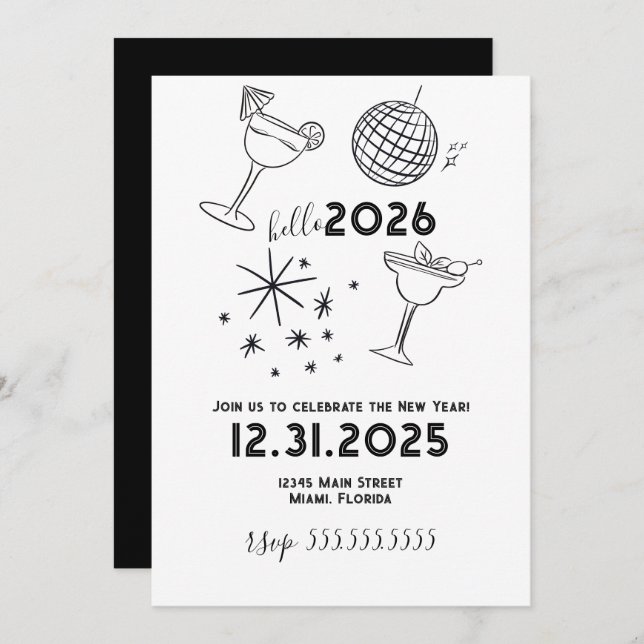 Cartes Pour Fêtes Annuelles Whimiscal Doodles Hello 2026 New Years Gold (Devant / Derrière)