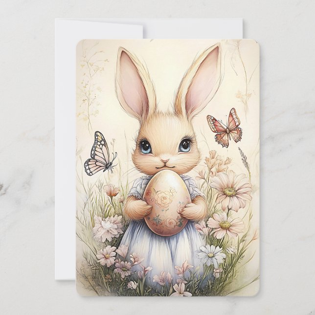 Cartes Pour Fêtes Annuelles Whimscal Lapin de Pâques tenant l'Oeuf en Fleur sa (Devant)