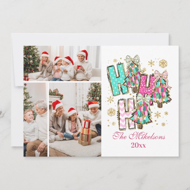 Cartes Pour Fêtes Annuelles Whimsical 3 Photo  Ho Ho Ho Christmas Family  (Devant)