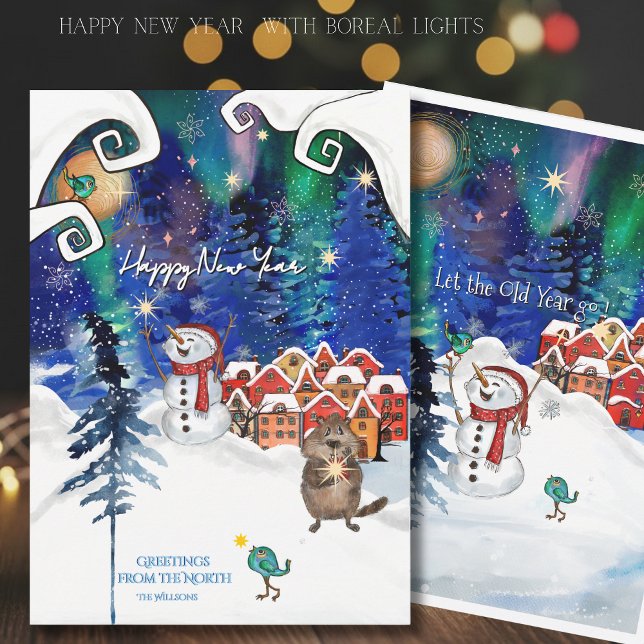 Cartes Pour Fêtes Annuelles Whimsical Beaver and Snowman Northern Light (Whimsical Beaver and Snowman Northern Light Holiday Card)